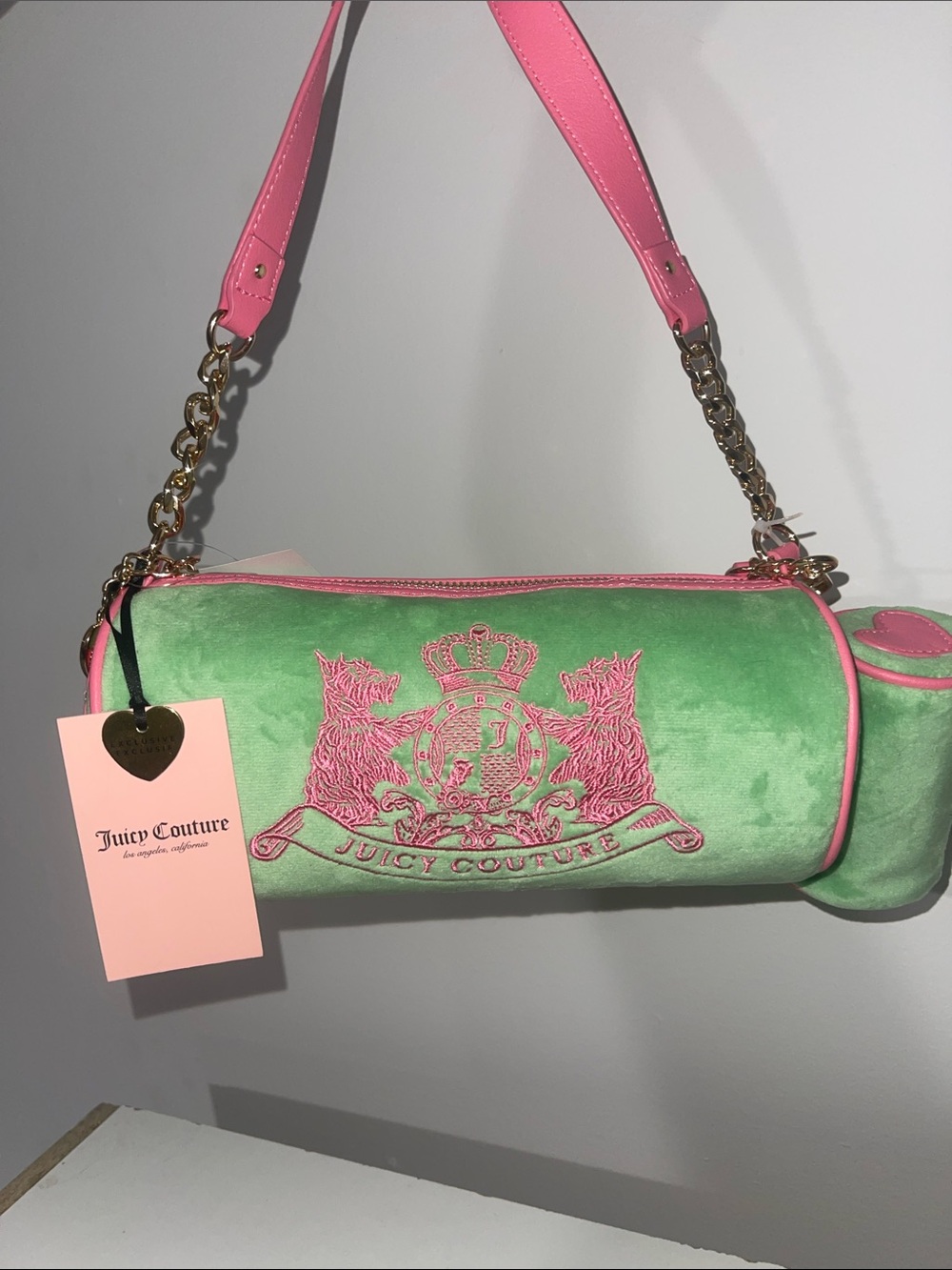 Juicy Couture Green Velvet Mini Shoulder Bag with Pink Trim